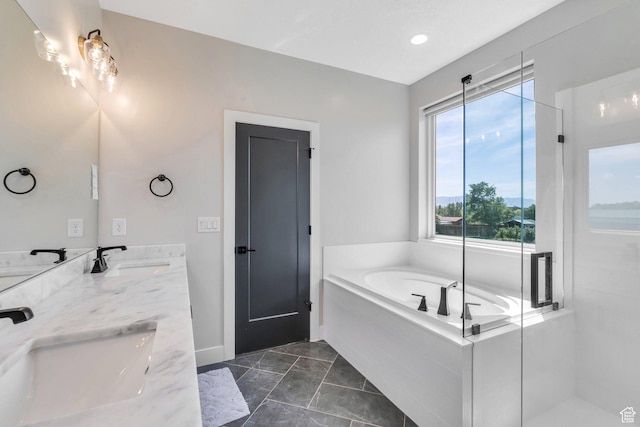 1485 W 1930 N, Pleasant Grove, UT 84062 - full bathroom with marble look tiles, double vanity, a bath, and baseboards