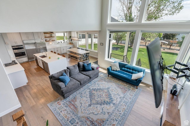 1485 W 1930 N, Pleasant Grove, UT 84062 - living room featuring a towering ceiling, plenty of natural light, light wood-style floors, and baseboards