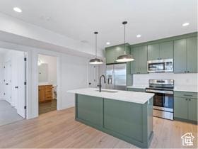 11436 S Watercourse Rd, South Jordan, UT 84009 - kitchen with green cabinets, stainless steel appliances, light wood-type flooring, light countertops, and recessed lighting