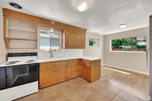 2864 N 175 E, Provo, UT 84604 - kitchen featuring electric stove, a sink, open shelves, a peninsula, and light countertops