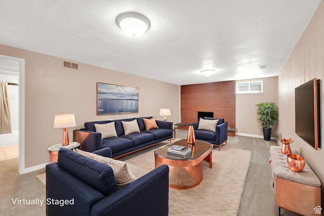 2864 N 175 E, Provo, UT 84604 - living room featuring light carpet, a brick fireplace, and baseboards
