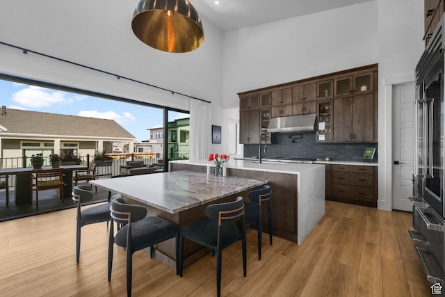 12277 S Emory Peak Cv Unit 404, Herriman, UT 84096 - kitchen featuring a towering ceiling, under cabinet range hood, dark brown cabinets, light wood-style floors, and a kitchen island with sink