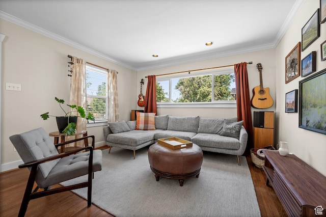 1114 E Wilson Ave S, Salt Lake City, UT 84105 - living room with wood finished floors, crown molding, and baseboards
