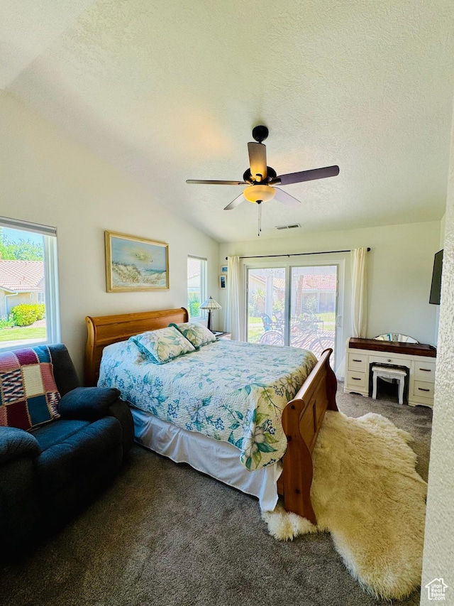 1825 W Mathis Park Pl Unit 13, St George, UT 84770 - carpeted bedroom with access to exterior, vaulted ceiling, ceiling fan, and a textured ceiling
