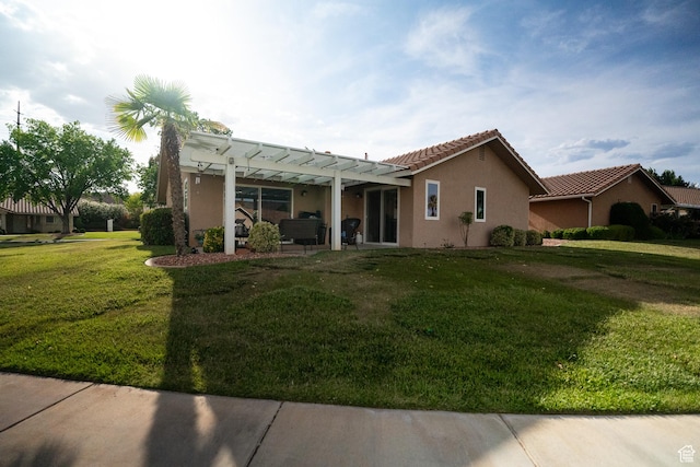 1825 W Mathis Park Pl Unit 13, St George, UT 84770 - view of front facade with a pergola, stucco siding, a front lawn, a patio, and a tile roof
