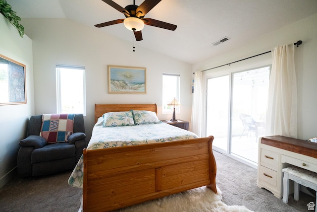 1825 W Mathis Park Pl Unit 13, St George, UT 84770 - bedroom featuring vaulted ceiling, light colored carpet, access to outside, and ceiling fan