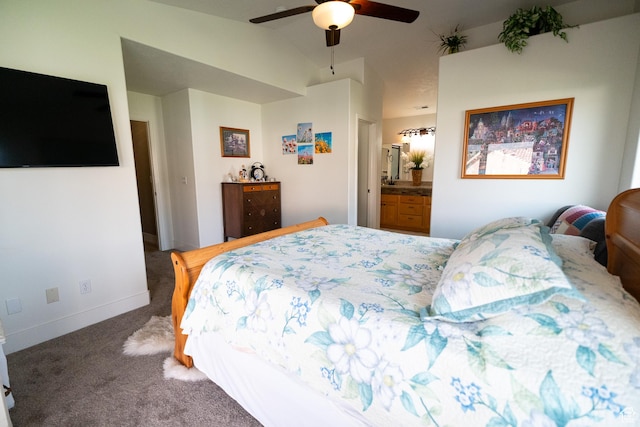 1825 W Mathis Park Pl Unit 13, St George, UT 84770 - carpeted bedroom with vaulted ceiling, baseboards, ceiling fan, and ensuite bathroom
