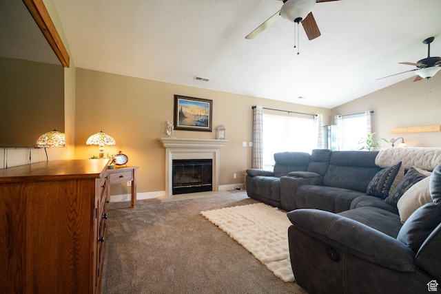 1825 W Mathis Park Pl Unit 13, St George, UT 84770 - living area featuring a ceiling fan, carpet floors, lofted ceiling, a glass covered fireplace, and baseboards