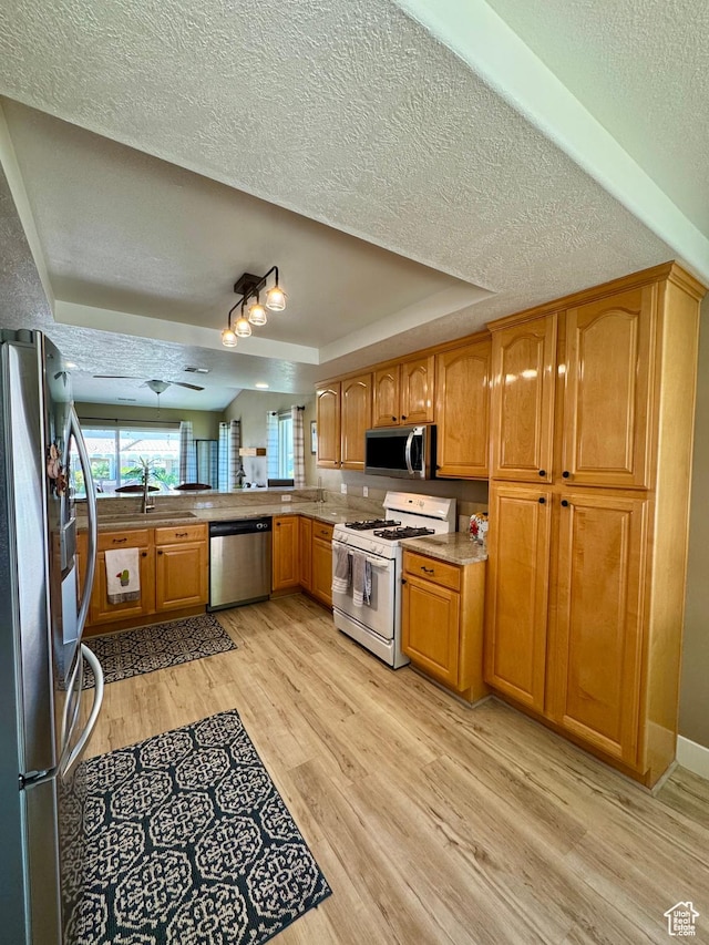 1825 W Mathis Park Pl Unit 13, St George, UT 84770 - kitchen featuring stainless steel appliances, a tray ceiling, a textured ceiling, light wood-type flooring, and a sink