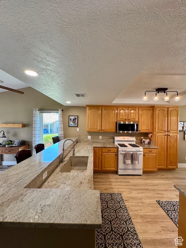 1825 W Mathis Park Pl Unit 13, St George, UT 84770 - kitchen with white gas range oven, a sink, stainless steel microwave, a textured ceiling, and light stone counters