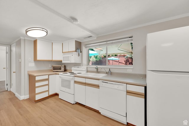 2967 E Branch Dr S, Holladay, UT 84117 - kitchen featuring white appliances, a sink, light wood-type flooring, light countertops, and ornamental molding
