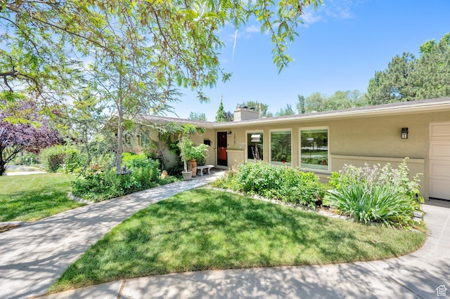 2967 E Branch Dr S, Holladay, UT 84117 - ranch-style house with stucco siding, a front lawn, and a chimney