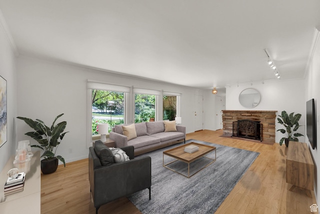 2967 E Branch Dr S, Holladay, UT 84117 - living room with crown molding, track lighting, wood finished floors, a fireplace, and baseboards