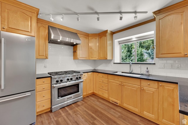 2967 E Branch Dr S, Holladay, UT 84117 - kitchen featuring stainless steel appliances, wall chimney exhaust hood, a sink, dark countertops, and rail lighting