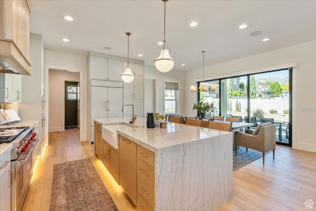 812 N 780 W, American Fork, UT 84003 - kitchen featuring a sink, premium appliances, recessed lighting, light wood-type flooring, and a large island with sink