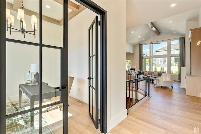 812 N 780 W, American Fork, UT 84003 - home office with high vaulted ceiling, beam ceiling, light wood-style flooring, a chandelier, and baseboards