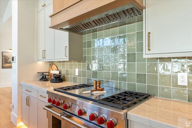 812 N 780 W, American Fork, UT 84003 - kitchen featuring custom range hood, stainless steel stove, backsplash, and light stone countertops