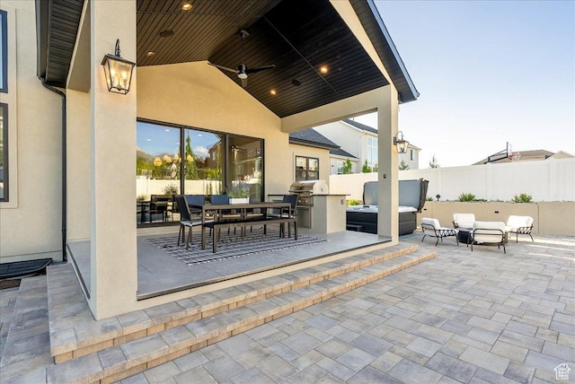 812 N 780 W, American Fork, UT 84003 - view of patio / terrace featuring exterior kitchen, an outdoor hangout area, a ceiling fan, and outdoor dining area