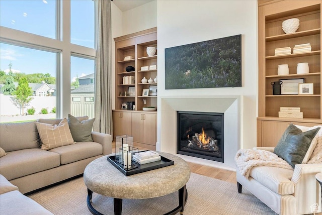 812 N 780 W, American Fork, UT 84003 - living room with light wood-style floors, a warm lit fireplace, and built in shelves