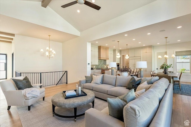 812 N 780 W, American Fork, UT 84003 - living room featuring a chandelier, light wood-style floors, ceiling fan, beam ceiling, and recessed lighting