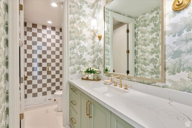 807 N 780 W, American Fork, UT 84003 - bathroom featuring vanity, toilet, a tile shower, wallpapered walls, and recessed lighting