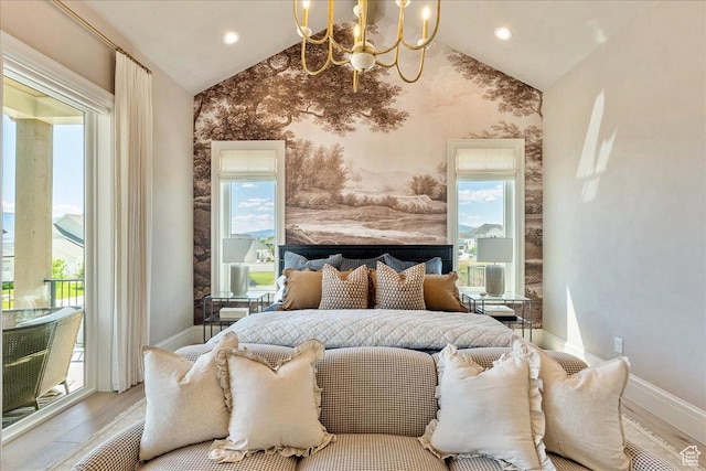 807 N 780 W, American Fork, UT 84003 - bedroom featuring vaulted ceiling, a chandelier, baseboards, wood finished floors, and wallpapered walls