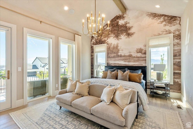 807 N 780 W, American Fork, UT 84003 - bedroom featuring access to exterior, wood finished floors, a chandelier, baseboards, and recessed lighting