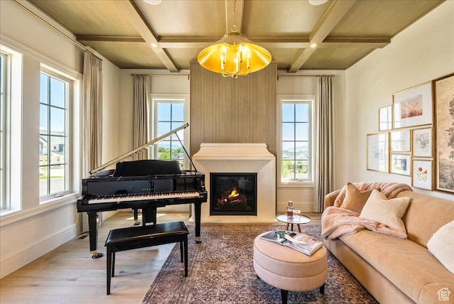 807 N 780 W, American Fork, UT 84003 - living area featuring coffered ceiling, healthy amount of natural light, wood finished floors, beamed ceiling, and baseboards