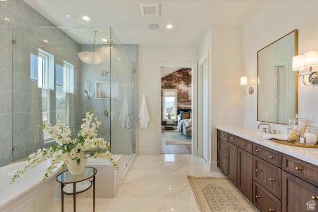807 N 780 W, American Fork, UT 84003 - bathroom featuring vanity, a stall shower, plenty of natural light, marble tiled flooring, and recessed lighting