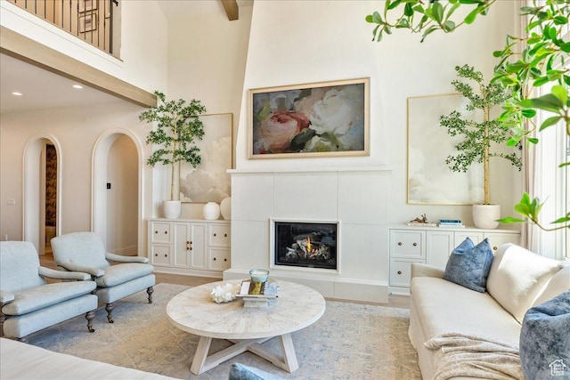 807 N 780 W, American Fork, UT 84003 - living area with recessed lighting, a tiled fireplace, a high ceiling, arched walkways, and light wood finished floors