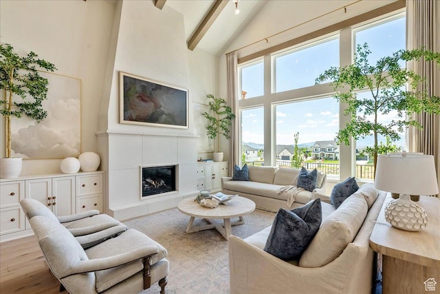 807 N 780 W, American Fork, UT 84003 - living room featuring high vaulted ceiling, beamed ceiling, a fireplace, and wood finished floors