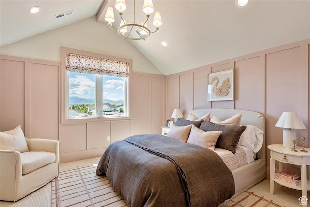 807 N 780 W, American Fork, UT 84003 - bedroom with a decorative wall, a chandelier, vaulted ceiling, light carpet, and recessed lighting