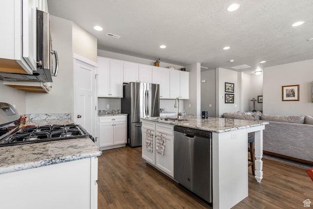 1165 W Silver Hollow Rd, Syracuse, UT 84075 - kitchen featuring stainless steel appliances, open floor plan, a sink, dark wood-type flooring, and white cabinetry