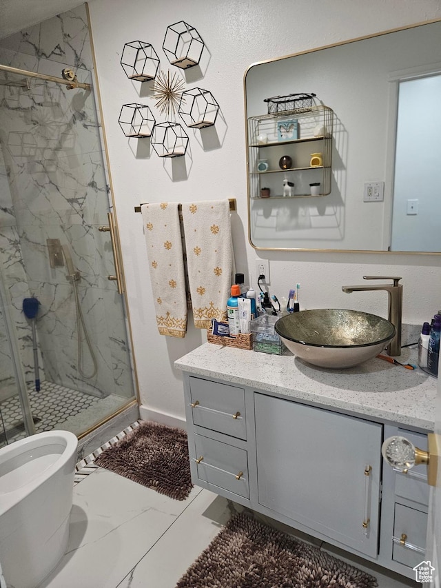 920 N 100 E, Pleasant Grove, UT 84062 - full bathroom with marble finish flooring, a marble finish shower, vanity, and baseboards