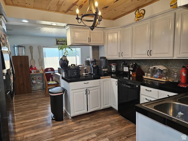 920 N 100 E, Pleasant Grove, UT 84062 - kitchen with dishwasher, wood ceiling, dark countertops, a chandelier, and white cabinetry