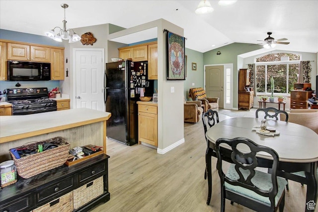 1422 N Fowler Ave E, Ogden, UT 84404 - kitchen with black appliances, vaulted ceiling, light countertops, ceiling fan, and light brown cabinets