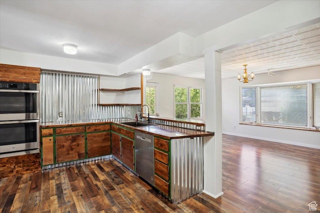 263 W 800 N, Brigham City, UT 84302 - kitchen with appliances with stainless steel finishes, a sink, open shelves, dark wood-type flooring, and a chandelier