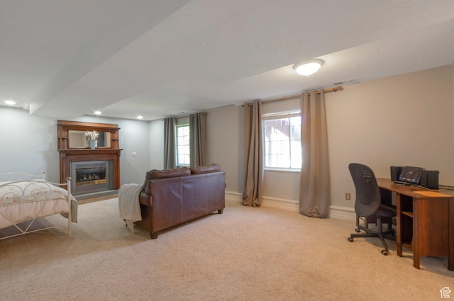 5760 S 1050 E, South Ogden, UT 84405 - carpeted bedroom featuring a glass covered fireplace, an office area, recessed lighting, and baseboards