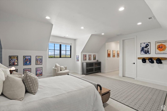 11527 S River Front Pkwy W, South Jordan, UT 84095 - bedroom featuring light colored carpet, recessed lighting, baseboards, and lofted ceiling