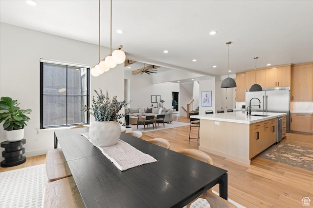 11527 S River Front Pkwy W, South Jordan, UT 84095 - dining area with stairs, light wood-type flooring, recessed lighting, and a ceiling fan