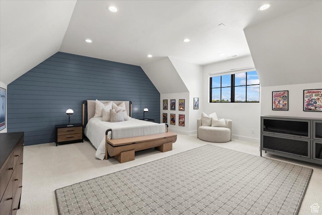 11527 S River Front Pkwy W, South Jordan, UT 84095 - carpeted bedroom with vaulted ceiling, recessed lighting, baseboards, and wooden walls