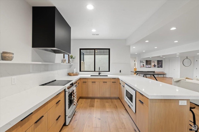 11527 S River Front Pkwy W, South Jordan, UT 84095 - kitchen with range with electric stovetop, open shelves, stainless steel microwave, modern cabinets, and light brown cabinetry