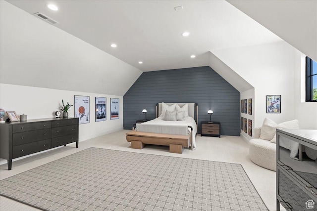11527 S River Front Pkwy W, South Jordan, UT 84095 - bedroom with vaulted ceiling, carpet floors, baseboards, recessed lighting, and wooden walls