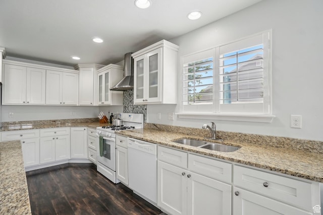 157 N Keogh Ln W, Ogden, UT 84404 - kitchen featuring wall chimney range hood, white appliances, a sink, white cabinets, and dark wood-style floors