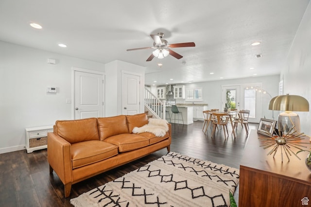 157 N Keogh Ln W, Ogden, UT 84404 - living room with dark wood-style floors, a ceiling fan, recessed lighting, stairs, and baseboards