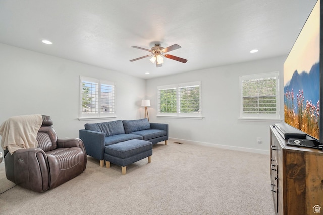 157 N Keogh Ln W, Ogden, UT 84404 - living room featuring light colored carpet, ceiling fan, recessed lighting, and baseboards