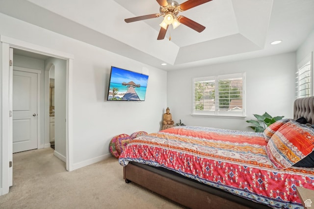 157 N Keogh Ln W, Ogden, UT 84404 - carpeted bedroom with a raised ceiling, baseboards, ceiling fan, recessed lighting, and arched walkways