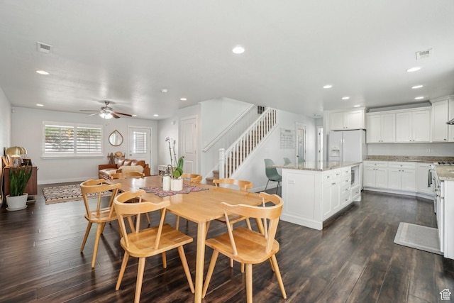 157 N Keogh Ln W, Ogden, UT 84404 - dining area featuring recessed lighting, ceiling fan, stairway, dark wood-style floors, and baseboards