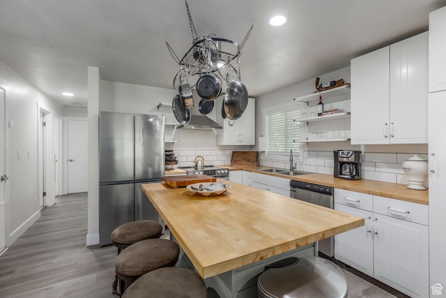 2237 Samak Park Ct Unit 4, Kamas, UT 84036 - kitchen with wood counters, stainless steel appliances, a sink, open shelves, and recessed lighting