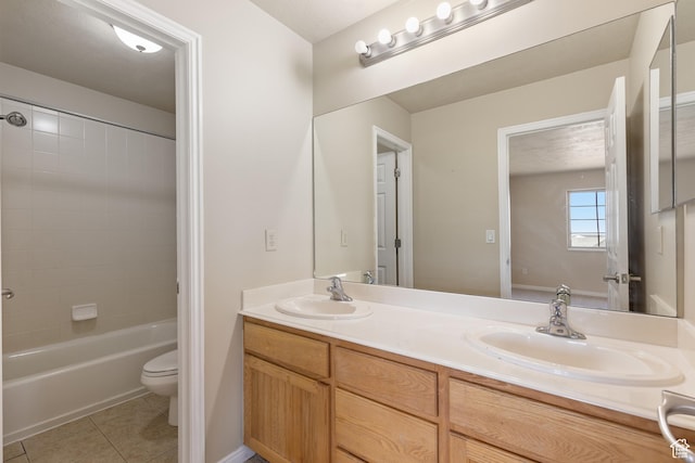 2271 W Pointe Meadow Dr N, Lehi, UT 84043 - bathroom featuring double vanity, tile patterned flooring, toilet, and shower / bathtub combination
